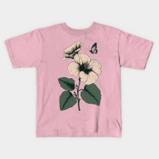 Sage Green Hibiscus Flower Butterfly Aesthetic Floral Plant Kids T-Shirt